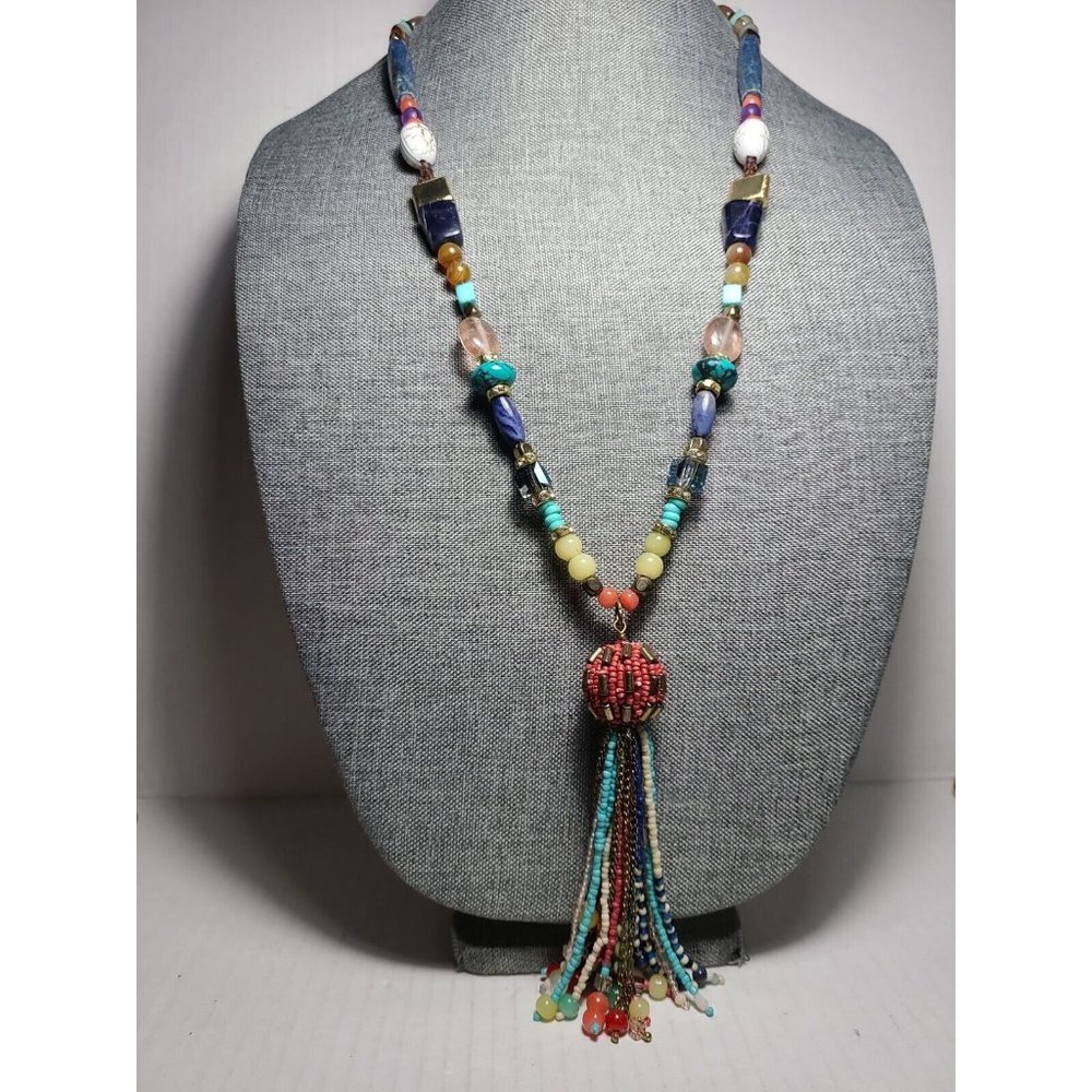 Chico"s Marisa Tassel Beaded Multi Colored Statement Necklace  Metal Acrylic